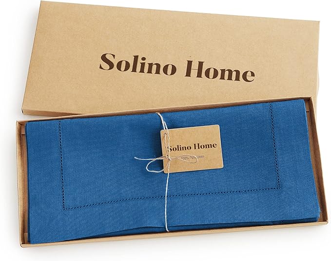 Solino Home Linen Indigo Blue Table Runner 90 Inches Long - 100% Pure Linen 14 x 90 Inch Table Runner for Fall, Autumn, Christmas - Classic Hemstitch