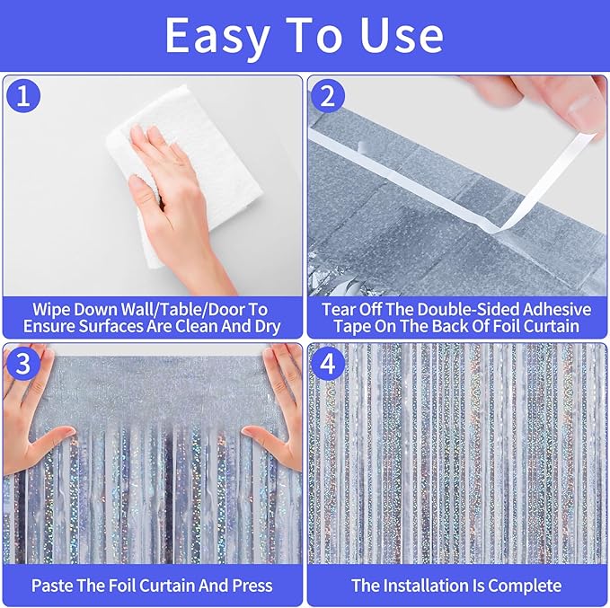 Picoway 4 Pack Foil Fringe Tinsel Backdrop Curtains, Birthday Engagement Bachelorette Party Decorations, Photo Booth Props Door Streamers Curtain (Silver)