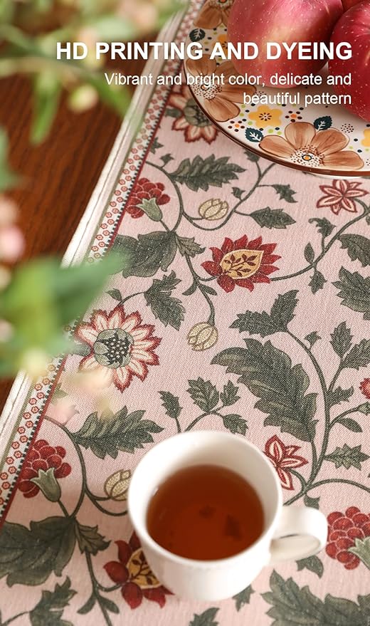 ISAENNE Designer Provence Elegant Linen Extra Long Table Runner 118 Inches,Flower and Leaves Pattern Durable Table Runners for Dining Tables,Thanksgiving,Kitchen Tables,Christmas,12"*118"-Ratina