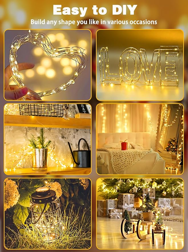 4 Pack 60 LED Fairy Lights Battery Operated with Timer, 20FT Waterproof Twinkle Lights Indoor Outdoor, Cuttable String Lights for Bedroom, Wedding, DIY, Centerpiece, Christmas Decorations (Warm White)