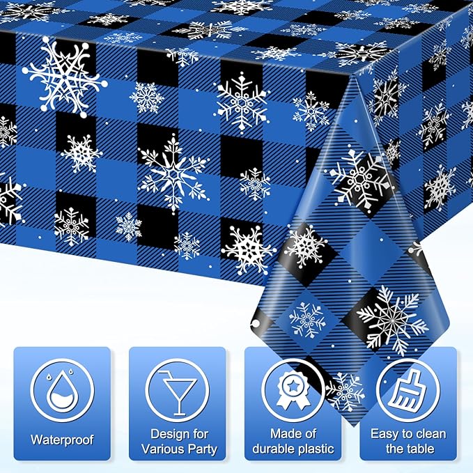 3Pcs Christmas Buffalo Plaid Snowflake Party Tablecloths Decorations,Plastic Black and Navy Blue Checkered Rectangle Table Cover for Winter Christmas Birthday Holiday Party Decorations,54x108 inch