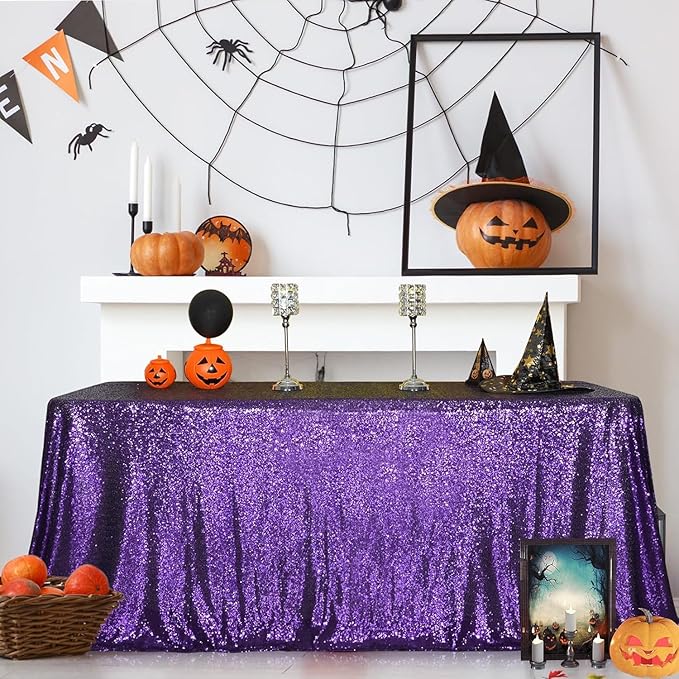 SquarePie Sequin Tablecloth 60 x 120 Inch Purple Sparkly Table Cloth for Halloween Wedding Party
