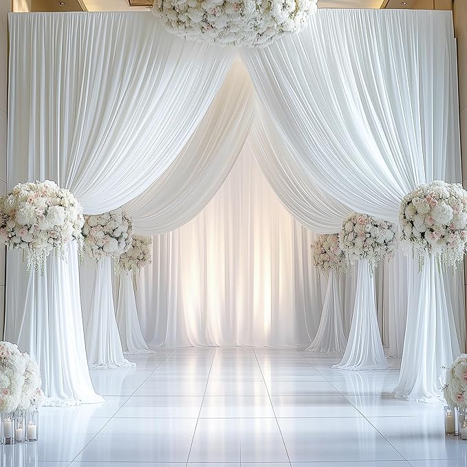 30ftx16FT Wrinkle Free White Backdrop Curtain, 6 Panels 16FT Height White Wedding Backdrop Drapes, Silky Polyester Back Drop Cloth for Birthday Photography Background Party Backdrop Draping