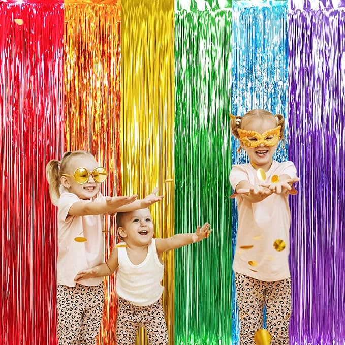 GOER 3.2 ft x 8.2 ft Metallic Tinsel Foil Fringe Curtains Party Photo Backdrop Party Streamers for Birthday,Graduation,New Year Eve Decorations Wedding Decor (4 Packs,Rainbow Colors)