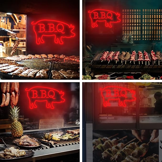 BBQ Pigs LED Neon Sign, Cute Pig LED Light for BBQ Restaraunt Frontstore Decoration, Versatile Wall Decor for Home, Bar, Party, 15.7"x9.1"