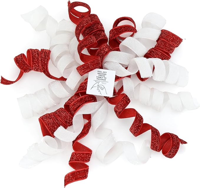 6" Metallic Glitter Red and White Self Adhesive Curly Ribbon Gift Wrap Bows for Christmas, Holiday, Birthday, Wedding, Presents, Party Favors Decorations 6-Count