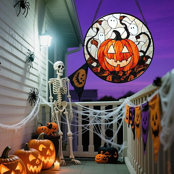 Stained Glass Window Hanging - Halloween Decorations Pumpkin Ghost Suncatcher for Doors Garden Indoor Spooky Funny Orange Sun Catchers Gothic Decor Horror Gifts for Women Men Friend 15 in