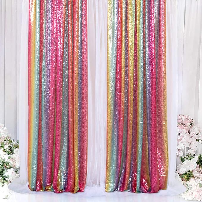 ShiDianYi Sequin Backdrop Rainbow 2 Panels 4FTx6FT Backdrops for Photoshoot Sequin Curtains Backdrop Wedding Anniversary Birthday Background