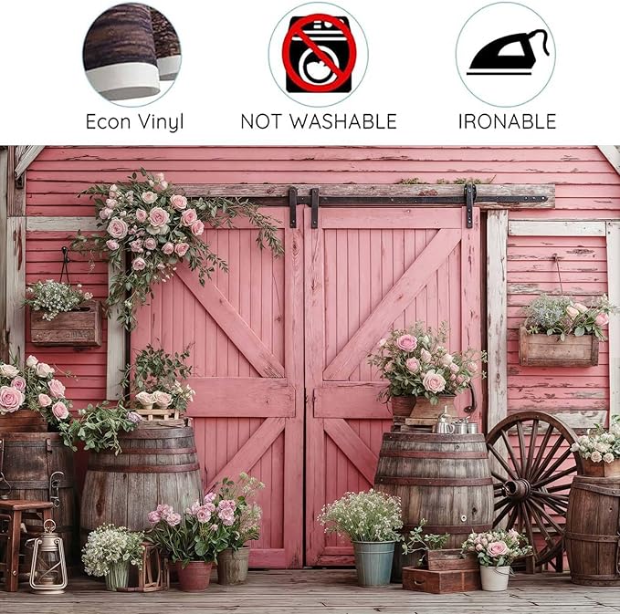 7x5ft Country Wedding Pink Photography Backdrop Rustic Wooden Barn Door Photography Backdrop Farmhouse Flower Western Girl Birthday Baby Shower Wedding Bridal Party Banner Photo Booth Props Background