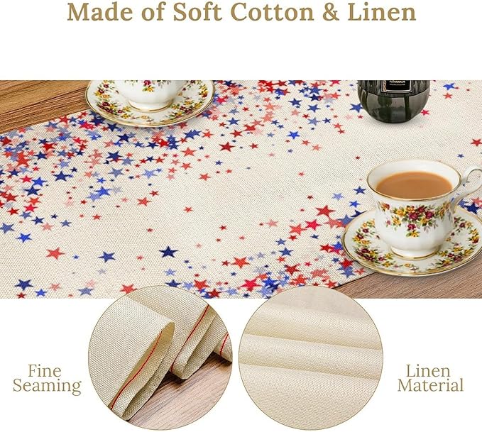 Independence Day Table Runner, 4th of July Red Blue Stars American President Day Holiday Confetti Print Table Cover for Kitchen Dining Table Indoor Outdoor Party, 13x108inch