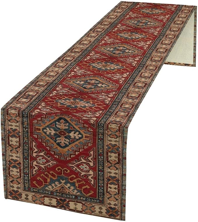 Boho Floral Vintage Table Runner, Red Grey Retro Flower Rustic Country Farmhouse Abstract Pattern for Home Kitchen Table Decor Dining Coffee Room Party Decor 13x90in