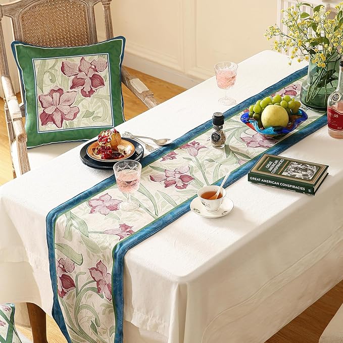 patdrea Designer Elegant Bright Linen Table Runner 102 Inch Long, Mauve Iris Floral Pattern Table Mat, Decoration for Kitchen Dining Table Coffee Table Shelf Cabinet Banquet Christmas ,12"*102"