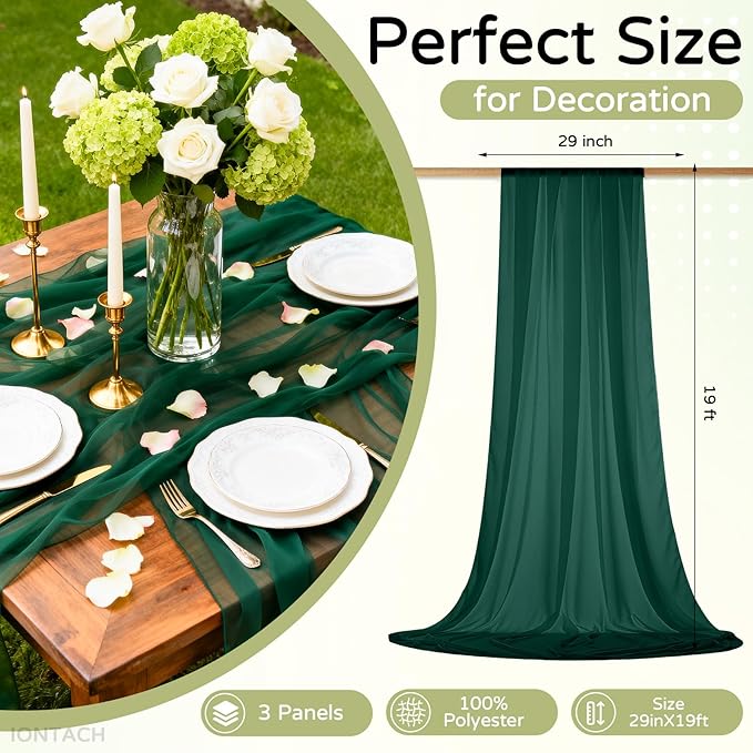 Wedding Arch Draping Fabric 29" x 19Ft Sheer Drapes for Backdrop Wedding Ceremony Reception Ceiling Decor Curtain Baby Bridal Shower Decoration (Hunter Green, 3 Panels)