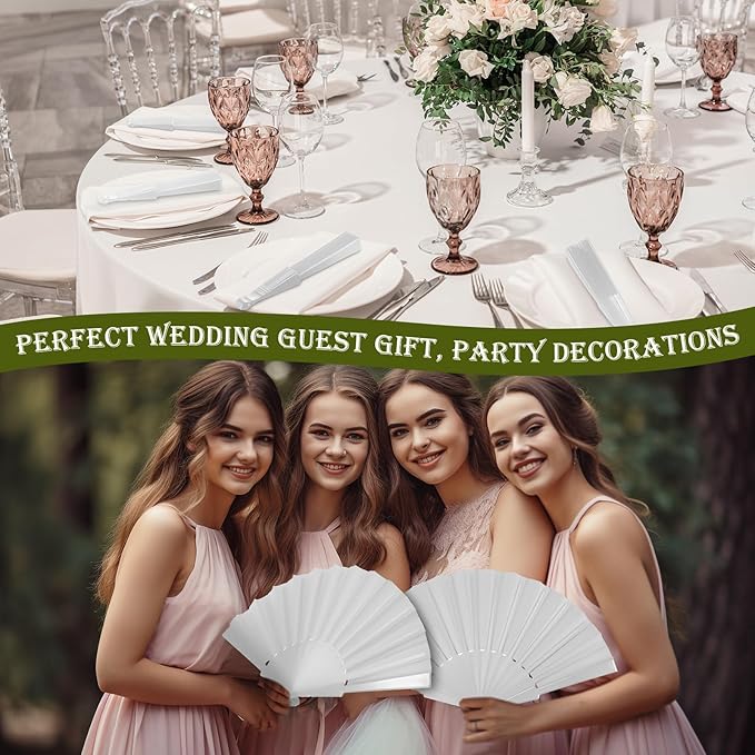 Wenqik 120 Pcs Wedding Folding Hand Fans Bulk Silk Fabric Chinese Handheld Foldable Clack Fans with Plastic Ribs for Party, Wedding Gifts, Line Dancing, Home Decorative (White)