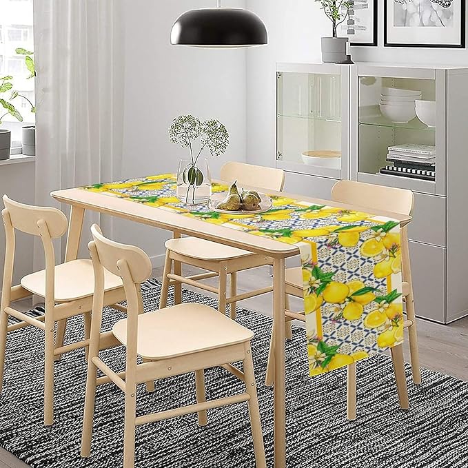 Lemon Table Runner,Spring Summer Seasonal Yellow Blue Table Runner for Kitchen Dining Table Home Party Decoration 13x90 Inch