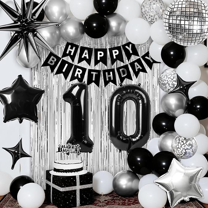 10th Birthday Decorations for Boys Girls, Black Silver Happy Birthday Party Decorations， 10 Year Old Party Supplies with Number 10 Balloons, Banner, Fringe Curtains Kit