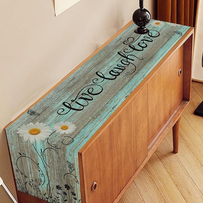 Farmhouse Table Runner, Rustic Wood Plank Spring Daisy Flower Retro Wooden Country Table Center Decor for Home Kitchen Dining Patio Holiday Party Indoor Outdoor Table Decorations, 13"x90" Inch