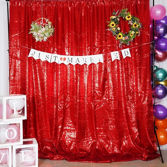 Poise3EHome 10Ft x 10Ft Red Sequin Backdrop, Glitter Thick Satin Sequin Background Drapes, Sequence Xmas Thanksgiving Backdrop for Wedding Party Holiday Festival Decor