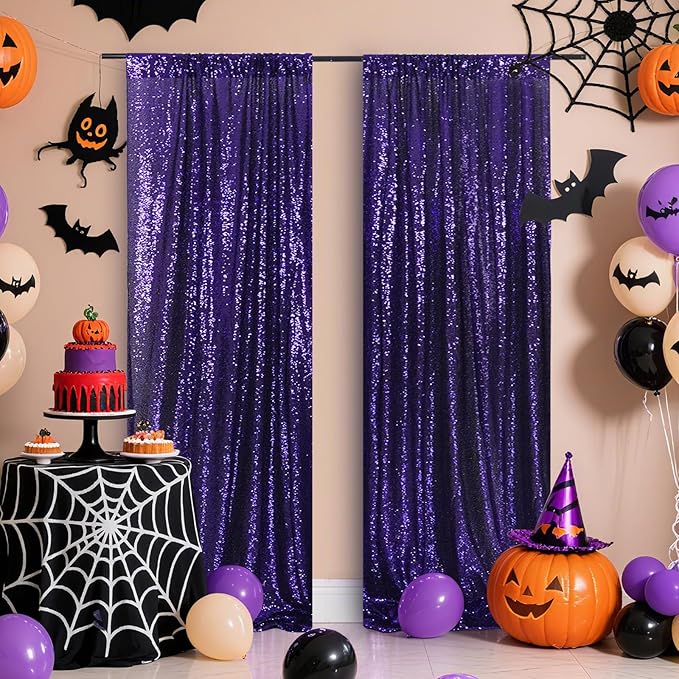 Poise3EHome 2ft x 8ft Purple Sequin Photography Backdrop Curtain 2 Panels for Party Decoration, Purple