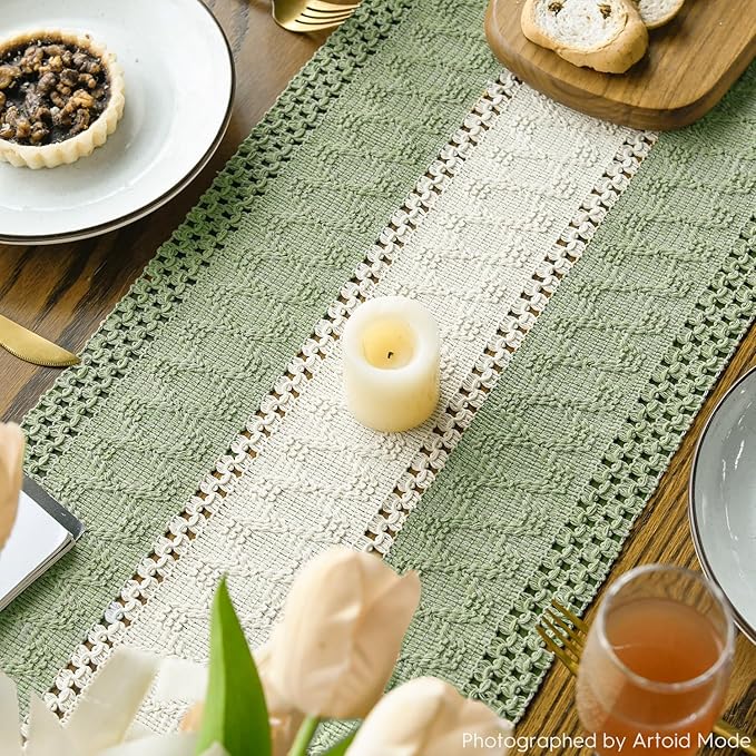 Artoid Mode Light Green Farmhouse Rustic Table Runner, Seasonal Hollow Kitchen Dining Table Decoration for Home Party Decor 12x36 Inch