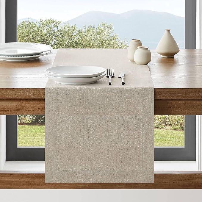 ZeeMart Linen Textured Border Table Runner, 14 x 72 Inch Natural, Farmhouse Style Neutral Table Runners 72 Inches Long, Easy Care Everyday Polyester Table Runner