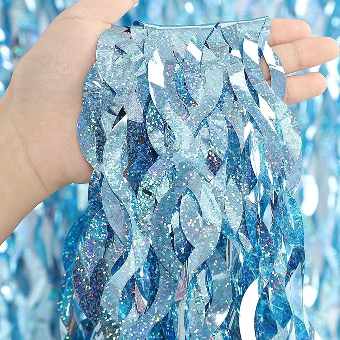 4 Pack Light Blue Party Foil Curtain - CYLMFC 3.3 ft x 6.6 ft Wavy Photo Booth Backdrop Metallic Tinsel Foil Fringe Curtains Environmental Background for Birthday Wedding Party Christmas Decorations