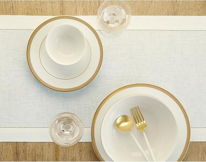 Solino Home Linen Ivory Table Runner 120 Inches Long - 100% Pure Linen 14 x 120 Inch Table Runner for Fall, Autumn, Thanksgiving, Christmas - Classic Hemstitch