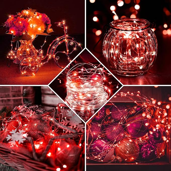 24 Pack Red Fairy Lights 7Ft 20 LED Twinkle String Lights 3 Modes Battery Operated Waterproof Firefly Starry for Mason Jar Party Wedding Christmas Valentines Day Table Centerpieces