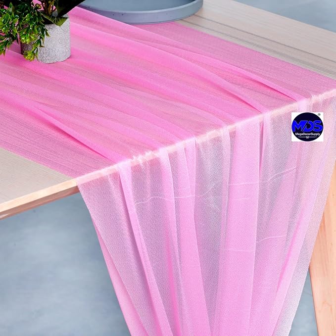 MDS 15 Pack 10ft Chiffon Table Runner 29 x 120 Inches Sheer Wedding Runner Romantic Rustic Table Runner for Wedding Decorations, Birthday Parties, Bridal Shower Party Arch Decor - Bubblegum Pink
