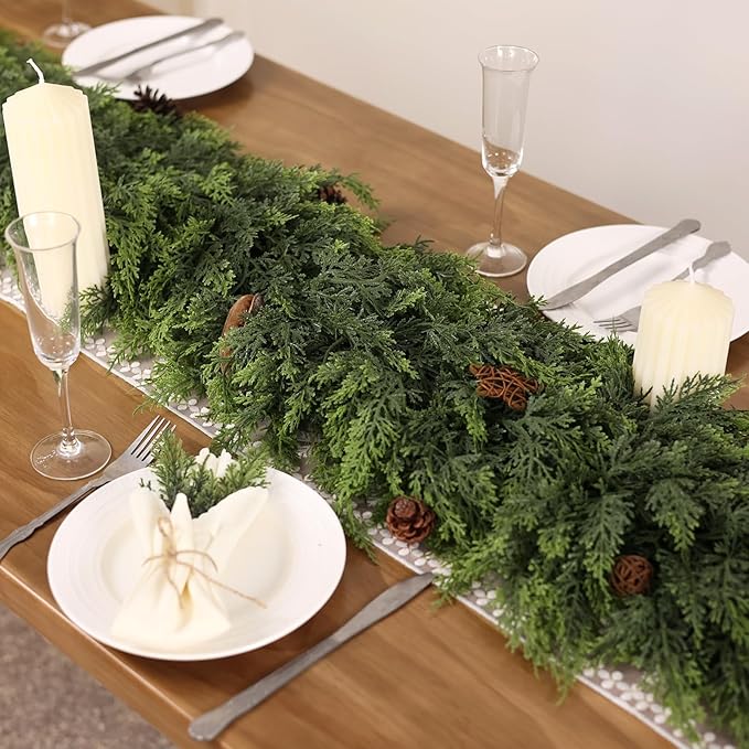 5FT Real Touch Cedar Garland - Artificial Christmas Garland Fake Green Faux Thick and Lush Pine Needles Garlands for Table Fireplace Mantle Holiday Home Indoor Outdoor Decor (1PCS)