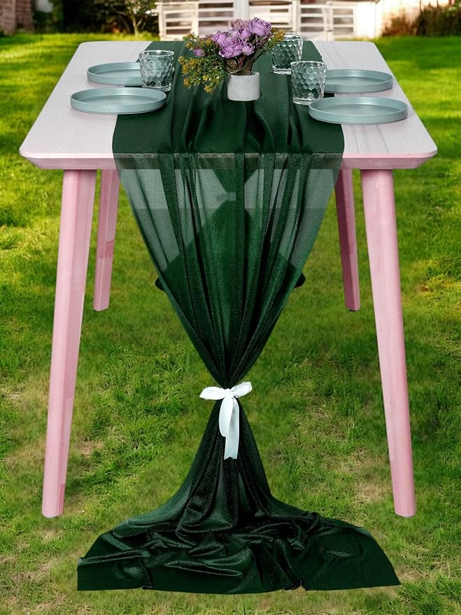 MDS 2 Pack 14ft Chiffon Table Runner 29 x 170 Inches Sheer Wedding Runner Romantic Rustic Table Runner for Wedding Decorations, Birthday Parties, Bridal Shower Party Arch Decor - Hunter Green