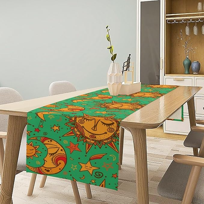 Boho Moon Table Runner, Phase of The Moon Star Sun Cartoon Pattern Table Runner for Kitchen Living Room Home Party 13x70 Inch