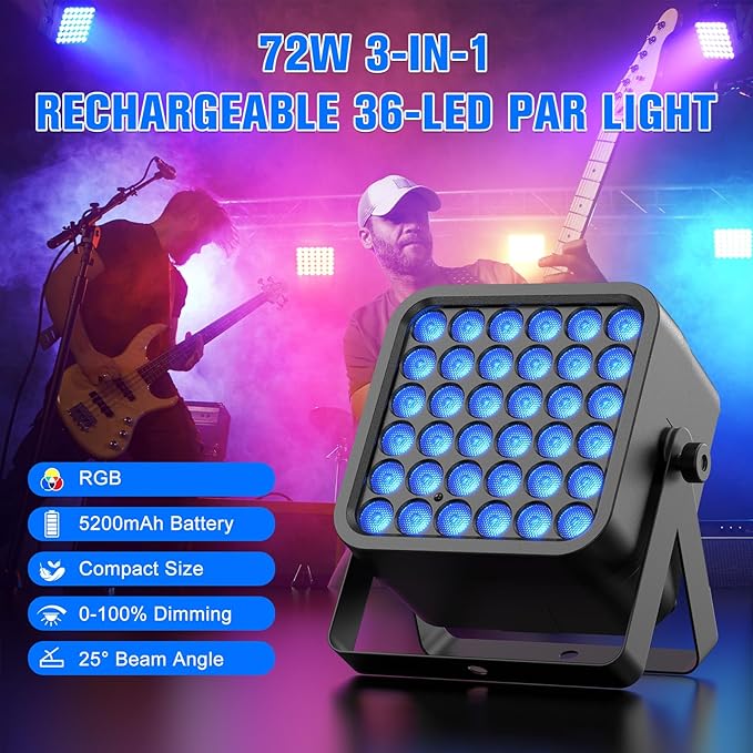 Rechargeable Par Can Lights, 72W RGB 5200mAh Uplights Battery Powered Stage Light, Wireless DJ Lights Sound Activated with Remote & DMX Control for Festivals, Weddings, Bars, Churches, DJ (4 Packs)