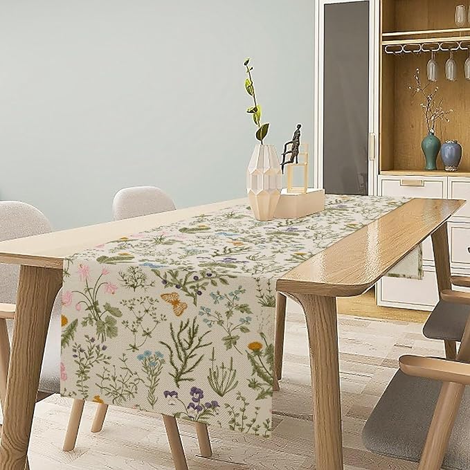 Wildflowers Floral Table Runner, Retro Flower Butterfly Seasonal Spring Summer Kitchen Dinning Table Runner for Indoor Outdoor Home Wedding Party Holiday, 13x36 Inch