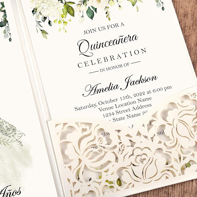 DORIS HOME 50pcs Laser Cut Quinceanera Invitations Green and Ivory White, 4.7x7.1 Personalized Quince Invitations for 15th Birthday, Invitation cards for Sweet 16 with Envelopes