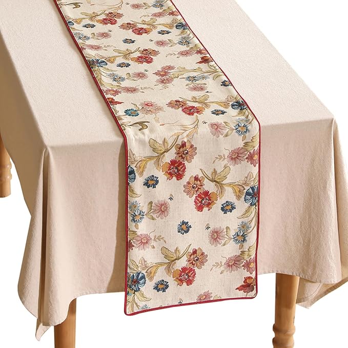 patdrea Designer Farmhouse Linen Thick Table Runner, Rustic Cottage Beige with Floral Pattern Fabric Table Mat, Decoration for Kitchen Dining Thanksgiving New Year Banquet Christmas, 12"*87"