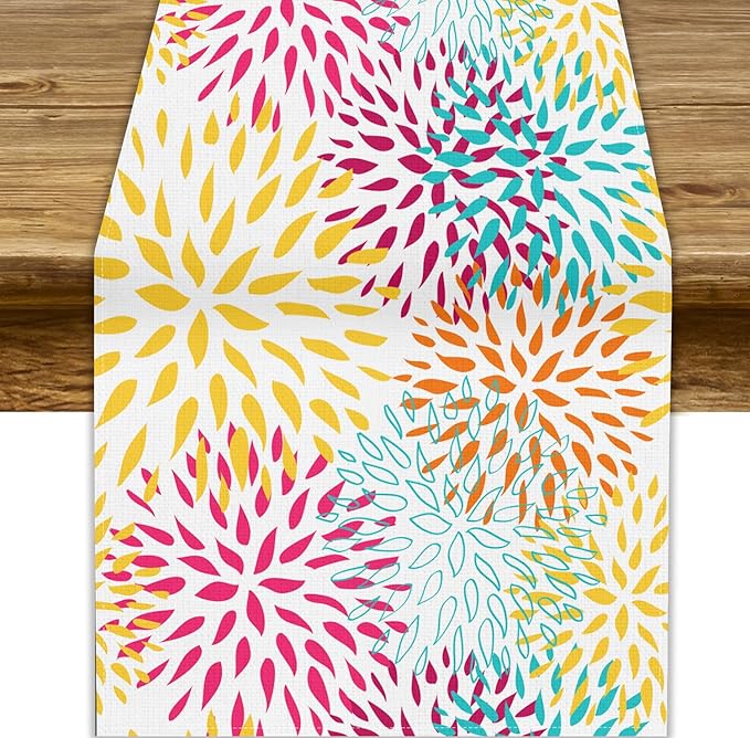 Abstract Flowers Table Runner, Chrysanthemum Dahlia Vintage Modern Colorful Spring Summer Elegant Table Runner for Party Kitchen Dining Living Room Laundry Room Decor, 13x90 Inch