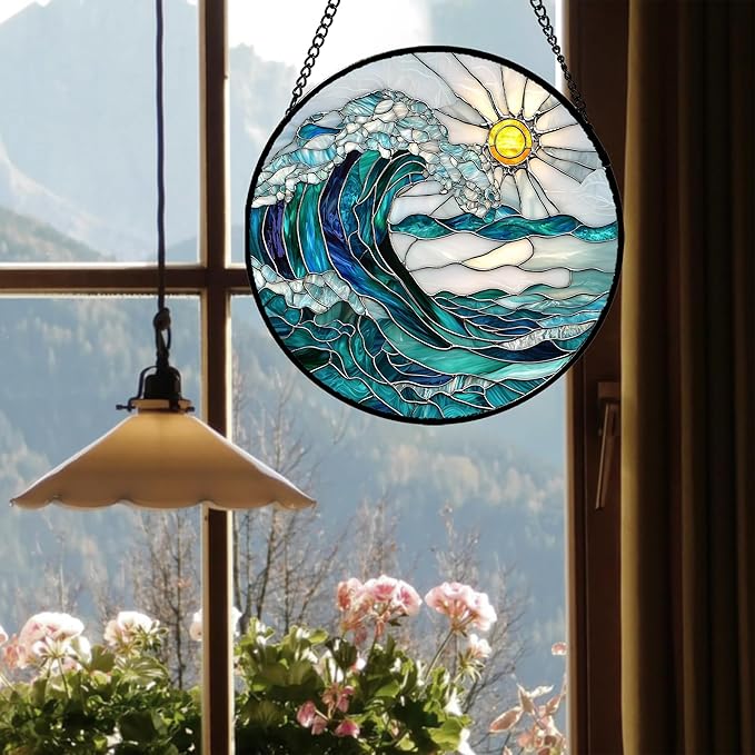 Stained Glass Window Hanging - Blue Green Waves Suncatcher for Door Terrace Garden Home Decor Sunrise Over The Sea Sun Catcher Birthday Gifts for Lovers Women Men Dad Mom Nana 6.3 in