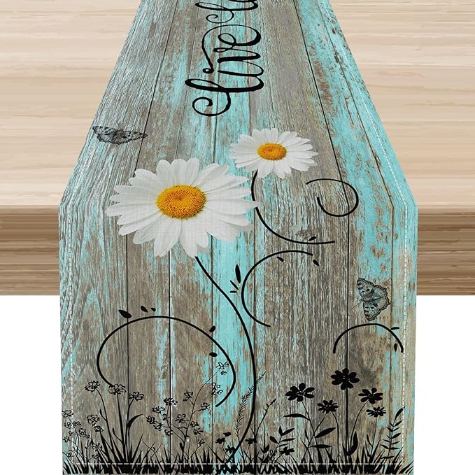 Daisy Floral Table Runner, Farmhouse Spring Seasonal Summer Teal Green White Flower Rustic Abstract Table Center Decor for Home Kitchen Dining Holiday Party Indoor Table Decorations, 13"x72" Inch