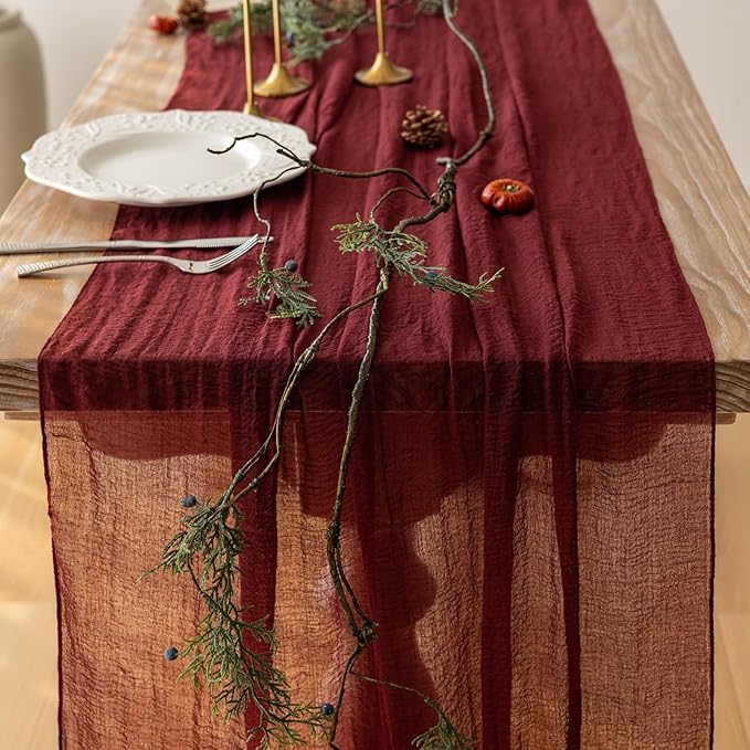 6pcs Burgundy Cheesecloth Table Runner Gauze 120 Inch 10 FT Rustic Boho Cheese Cloth Runner for Wedding Baby Shower Bridal Shower Engagement Birthday Party Long Sheer Home Decorations