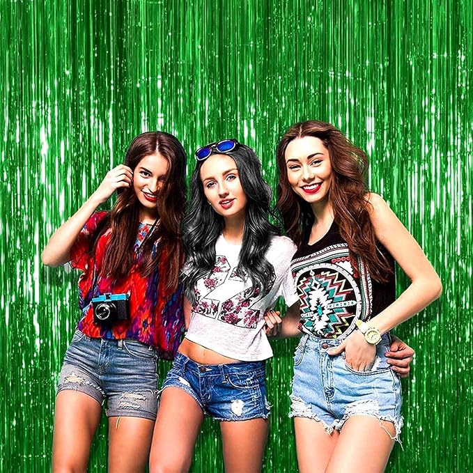 4 Pack Green Foil Fringe Curtain Backdrop, 3.28Ft x 8.2Ft Metallic Tinsel Foil Fringe Streamer Curtains for Photo Booth Props Decor Party Supplies