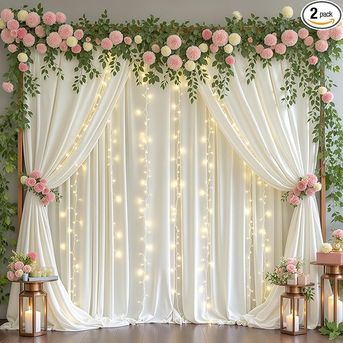 Ivory Backdrop Curtains with Lights for Baby Shower,10x10FT Wrinkle Free Ivory Drapes Photo Backdrop Curtains for Wedding Birthday Party Ceremony Photography Photoshoot Decorations-5ft x 10ft