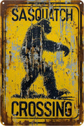 Retro Funny Metal Tin Sign - "Sasquatch Crossing" Outdoor Wall Décor, Vintage Sign for Home, Garden, Garage, or Cabin Decoration, 8 x 12 Inches