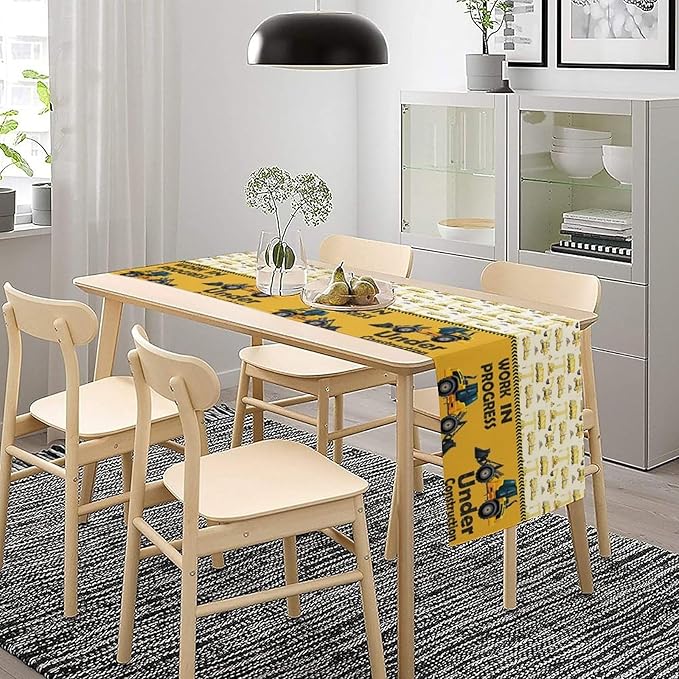 Cartoon Car Table Runner,Boys Kids Construction Vehicles Truck Yellow Print Tablecloth Burlap for Hotel Indoors Outdoor Dining Room Kitchen Home Decor,W13X L60 in