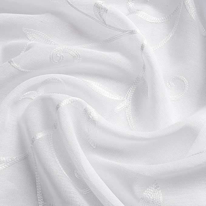 VISIONTEX White Leaves Sheer Voile Curtains, Decorative Embroidery Rod Pocket Window Drapes for Home Living Room and Bedroom 54 x 72 Inch, Set of 2 Curtain Panels