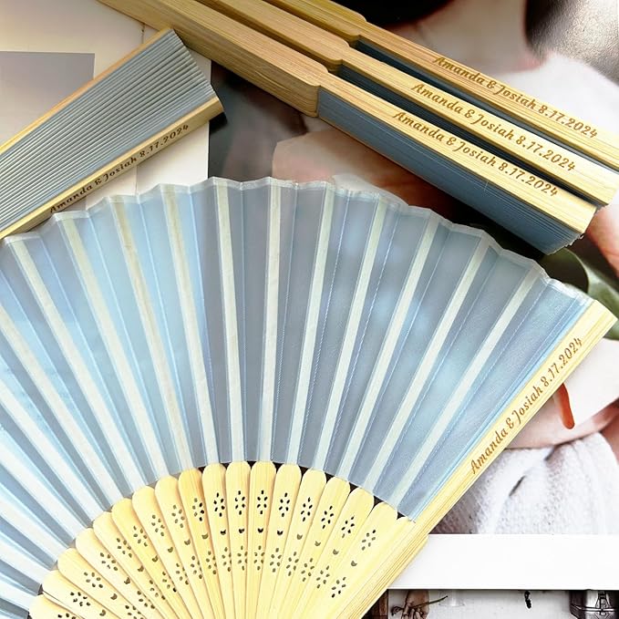 Personalized Engraved Silk Fans Folding Hand Fans 15 Pcs, Light Blue Summer Wedding Fans, Custom Imitated Silk-Bamboo Fans for Guests Wedding Party Favor Bridal Shower Gifts Party Decoration