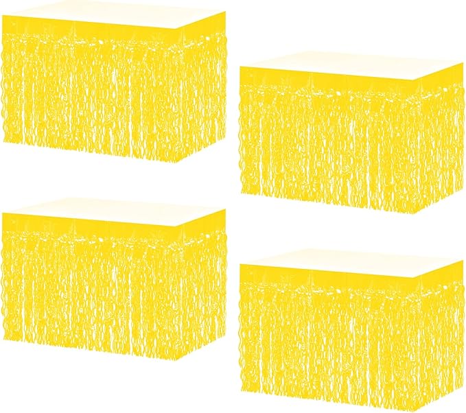 4P Wavy Metallic Tinsel Foil Fringe Table Skirts for Rectangle Tables Backdrop Garland Curtains for Parade Floats Wedding Birthday Parties Decoration Graduation 2025 Christmas (Makaron Yellow)