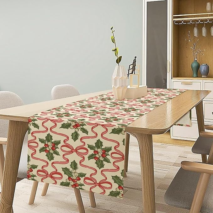 Christmas Table Runner,Xmas Holiday Bowknot Decor Table Cloth Kitchen Dining Table Decoration for Home Party Decor 13x120 Inch