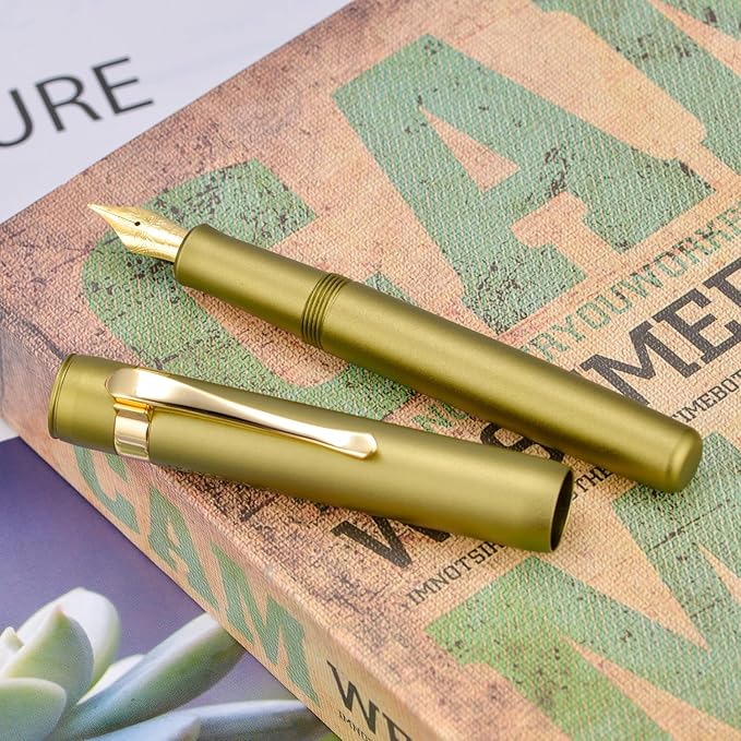 HONG DIAN M2 Black Forest Mini Fountain Pen, Fine Soft Nib & Sleek Shape Aluminium Short Pocket Travel Pen (Olive Green)