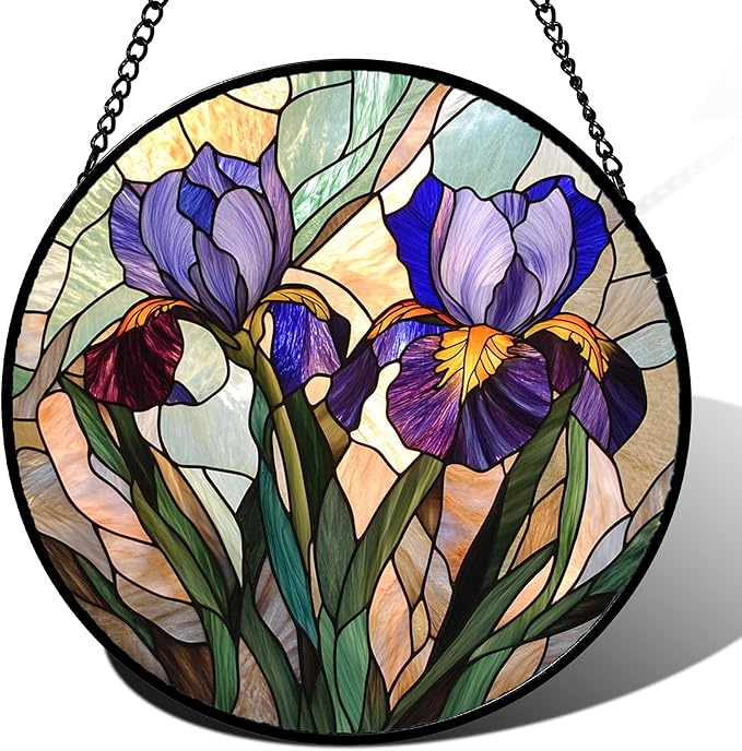 Stained Glass Window Hanging, Purple Blue Iris Birth Flower Suncatcher for Doors Garden Yard Sun Catchers Decor Christmas Mother's Day Birthday Gifts for Teacher Women Mom Nana Wife 6.3 in